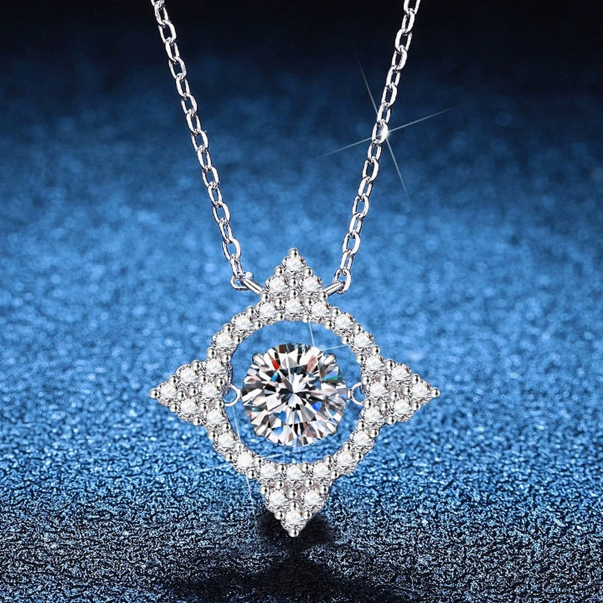 Kite Halo Moissanite Pendant Necklace with Cubic Zirconia in Platinum-Plated S925 Sterling Silver blue background product view