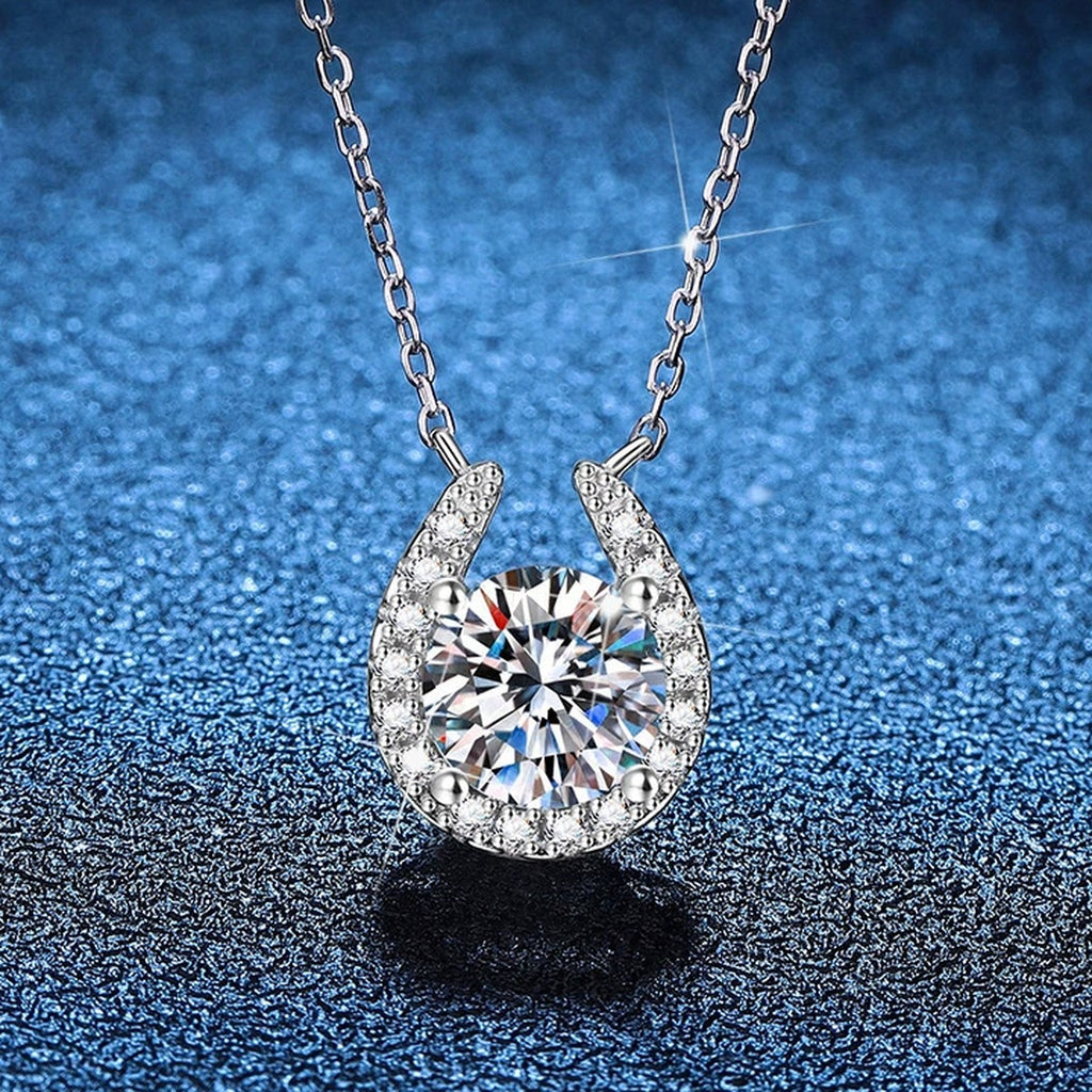 Pear Halo Moissanite Pendant Necklace with Cubic Zirconia in Platinum-Plated S925 Sterling Silver blue background product view