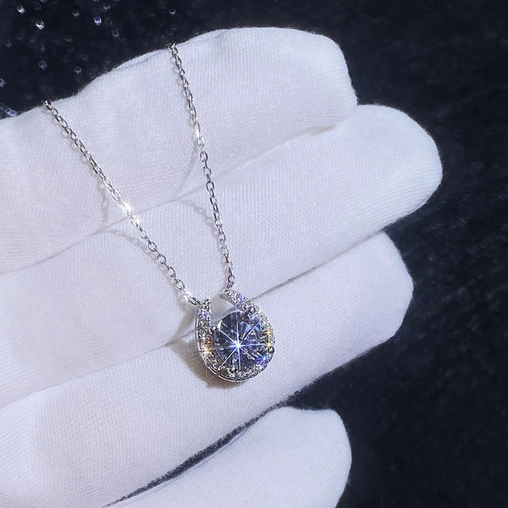 Pear Halo Moissanite Pendant Necklace with Cubic Zirconia in Platinum-Plated S925 Sterling Silver dark background product display view