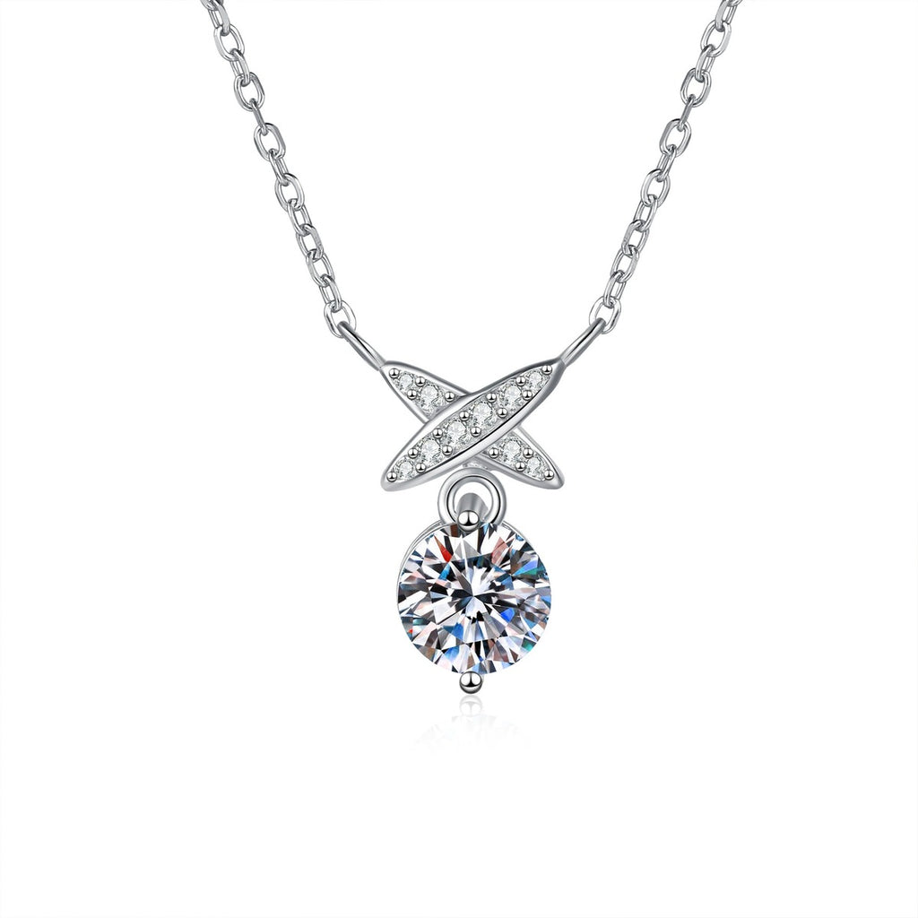 Ribbon Drop Moissanite Pendant Necklace with Cubic Zirconia in Platinum-Plated S925 Sterling Silver on clean white background showing the ribbon drop pendant with a round moissanite