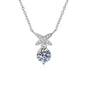 Ribbon Drop Moissanite Pendant Necklace with Cubic Zirconia in Platinum-Plated S925 Sterling Silver on clean white background showing the ribbon drop pendant with a round moissanite