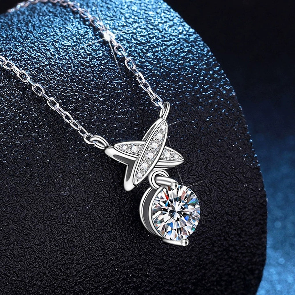 Ribbon Drop Moissanite Pendant Necklace with Cubic Zirconia in Platinum-Plated S925 Sterling Silver dark background product display view