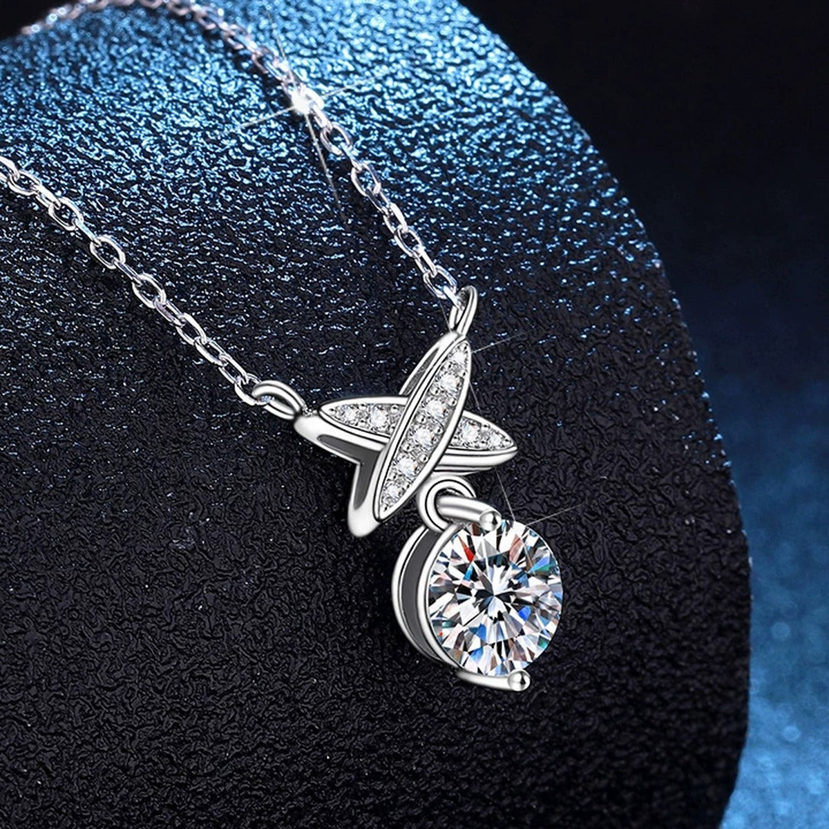 Ribbon Drop Moissanite Pendant Necklace with Cubic Zirconia in Platinum-Plated S925 Sterling Silver dark background product display view