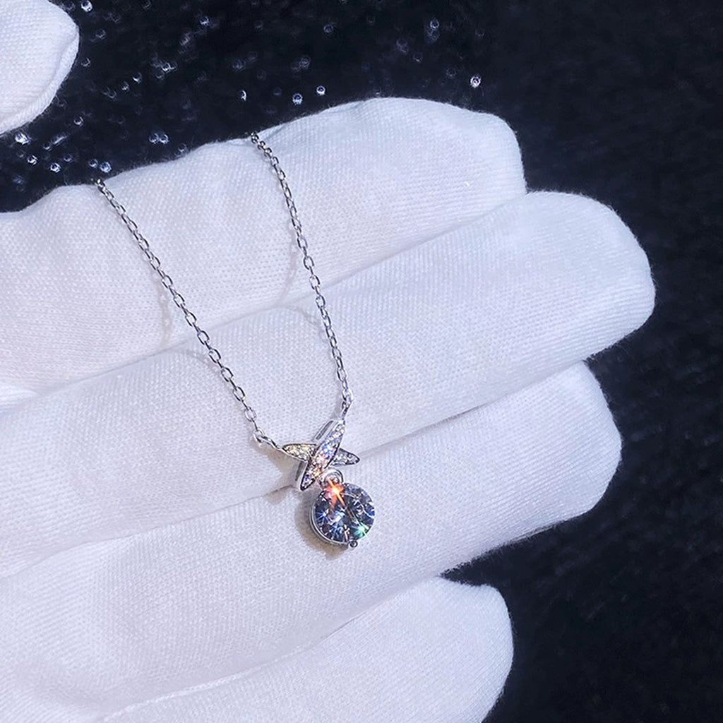 Ribbon Drop Moissanite Pendant Necklace with Cubic Zirconia in Platinum-Plated S925 Sterling Silver dark background product display view