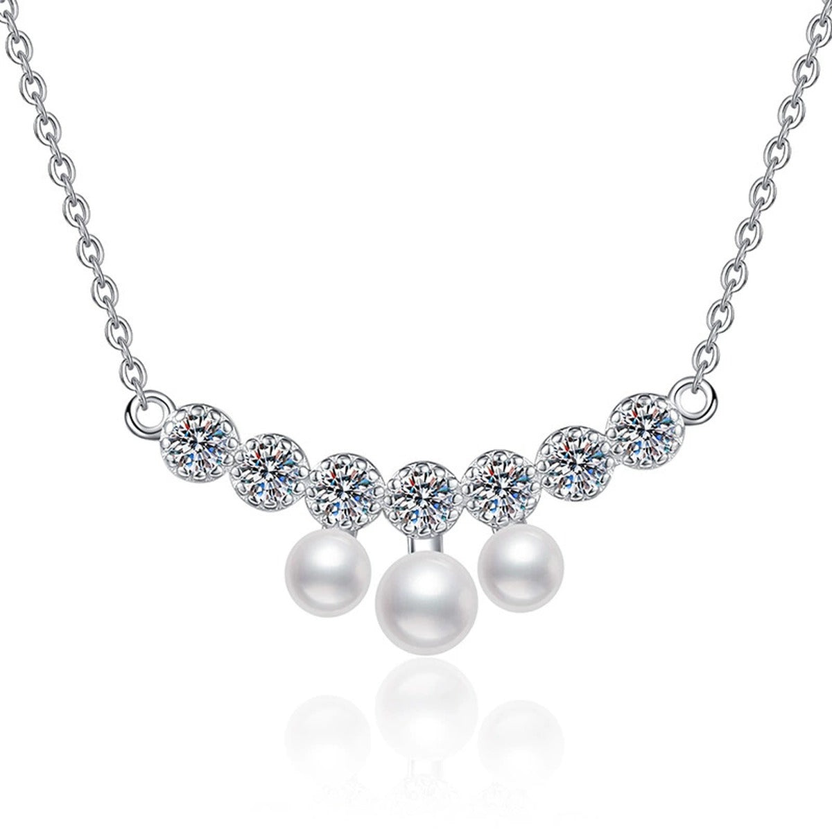 Graduated Freshwater Pearl Station Necklace in White Gold-Plated S925 Sterling Silver on clean white background showing the graduated pearl station necklace with small freshwater pearls
