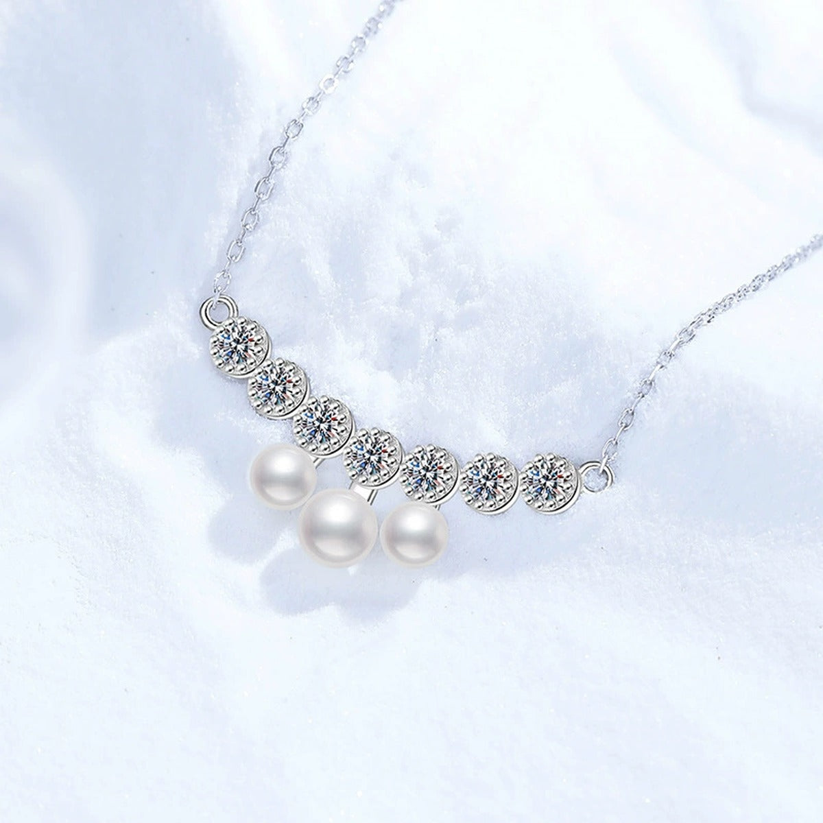 Graduated Freshwater Pearl Station Necklace in White Gold-Plated S925 Sterling Silver close-up product detail view