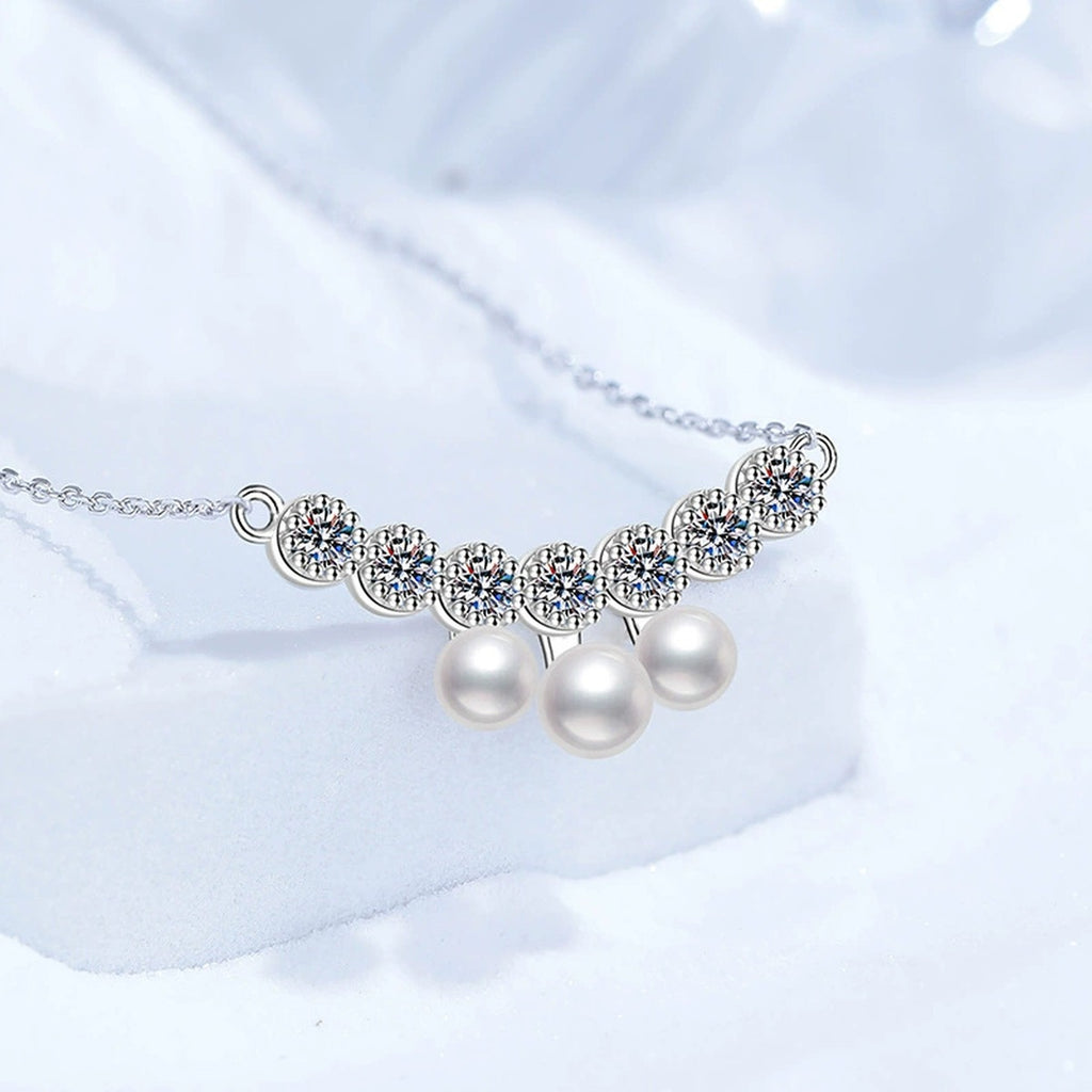 Graduated Freshwater Pearl Station Necklace in White Gold-Plated S925 Sterling Silver close-up product detail view