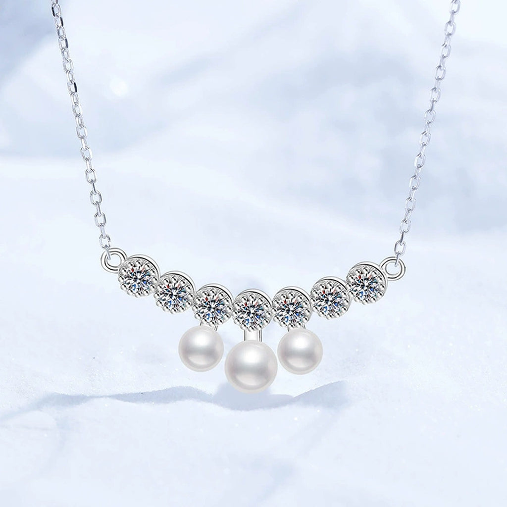 Graduated Freshwater Pearl Station Necklace in White Gold-Plated S925 Sterling Silver close-up product detail view