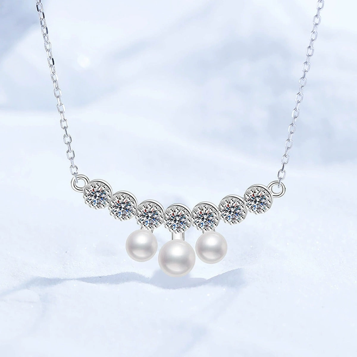 Graduated Freshwater Pearl Station Necklace in White Gold-Plated S925 Sterling Silver close-up product detail view