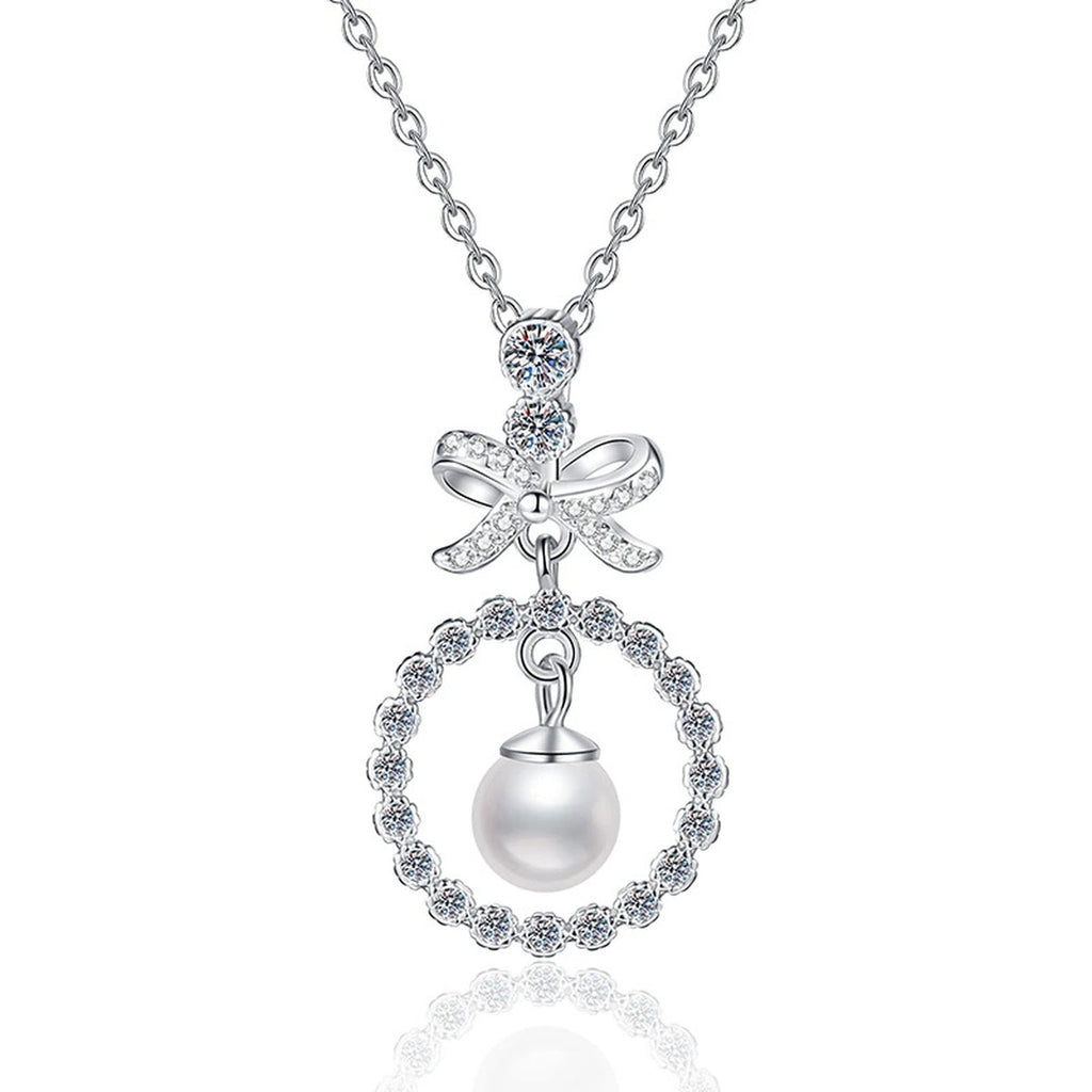 Bow Moissanite Freshwater Pearl Pendant Necklace with Cubic Zirconia in White Gold-Plated S925 Sterling Silver on clean white background showing the bow drop pendant with a near-round freshwater pearl