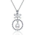 Bow Moissanite Freshwater Pearl Pendant Necklace with Cubic Zirconia in White Gold-Plated S925 Sterling Silver on clean white background showing the bow drop pendant with a near-round freshwater pearl