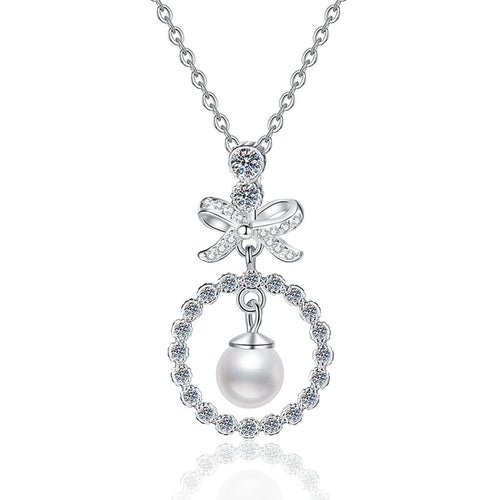 Bow Moissanite Freshwater Pearl Pendant Necklace with Cubic Zirconia in White Gold-Plated S925 Sterling Silver on clean white background showing the bow drop pendant with a near-round freshwater pearl