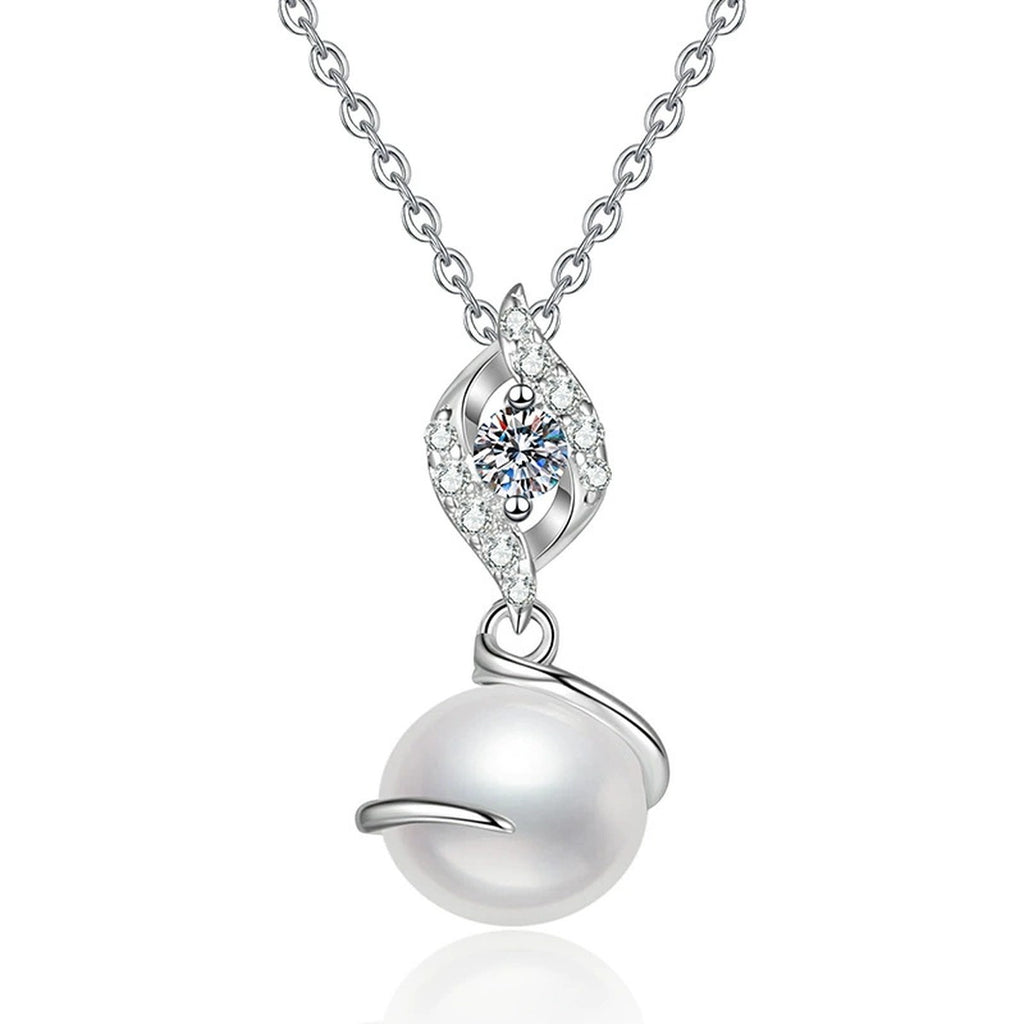 Swirl Moissanite Freshwater Pearl Pendant Necklace with Cubic Zirconia in White Gold-Plated S925 Sterling Silver on clean white background showing the swirl pendant with a near-round freshwater pearl