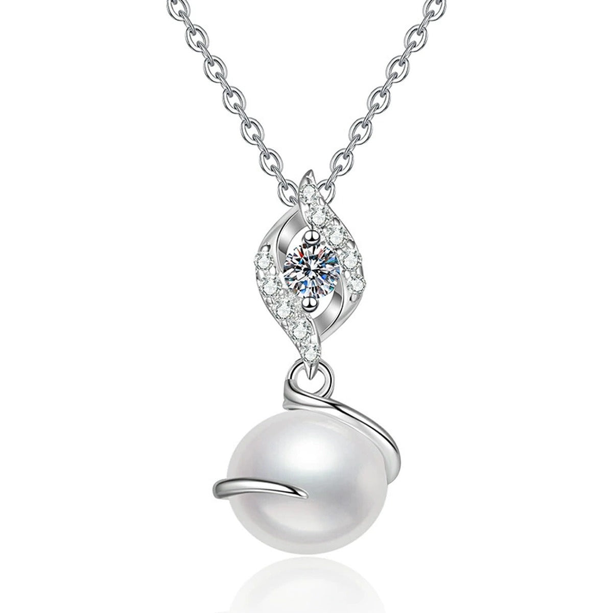 Swirl Moissanite Freshwater Pearl Pendant Necklace with Cubic Zirconia in White Gold-Plated S925 Sterling Silver on clean white background showing the swirl pendant with a near-round freshwater pearl