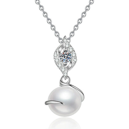 Swirl Moissanite Freshwater Pearl Pendant Necklace with Cubic Zirconia in White Gold-Plated S925 Sterling Silver on clean white background showing the swirl pendant with a near-round freshwater pearl