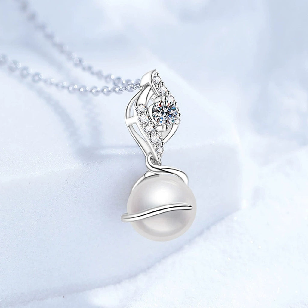 Swirl Moissanite Freshwater Pearl Pendant Necklace with Cubic Zirconia in White Gold-Plated S925 Sterling Silver close-up product detail view