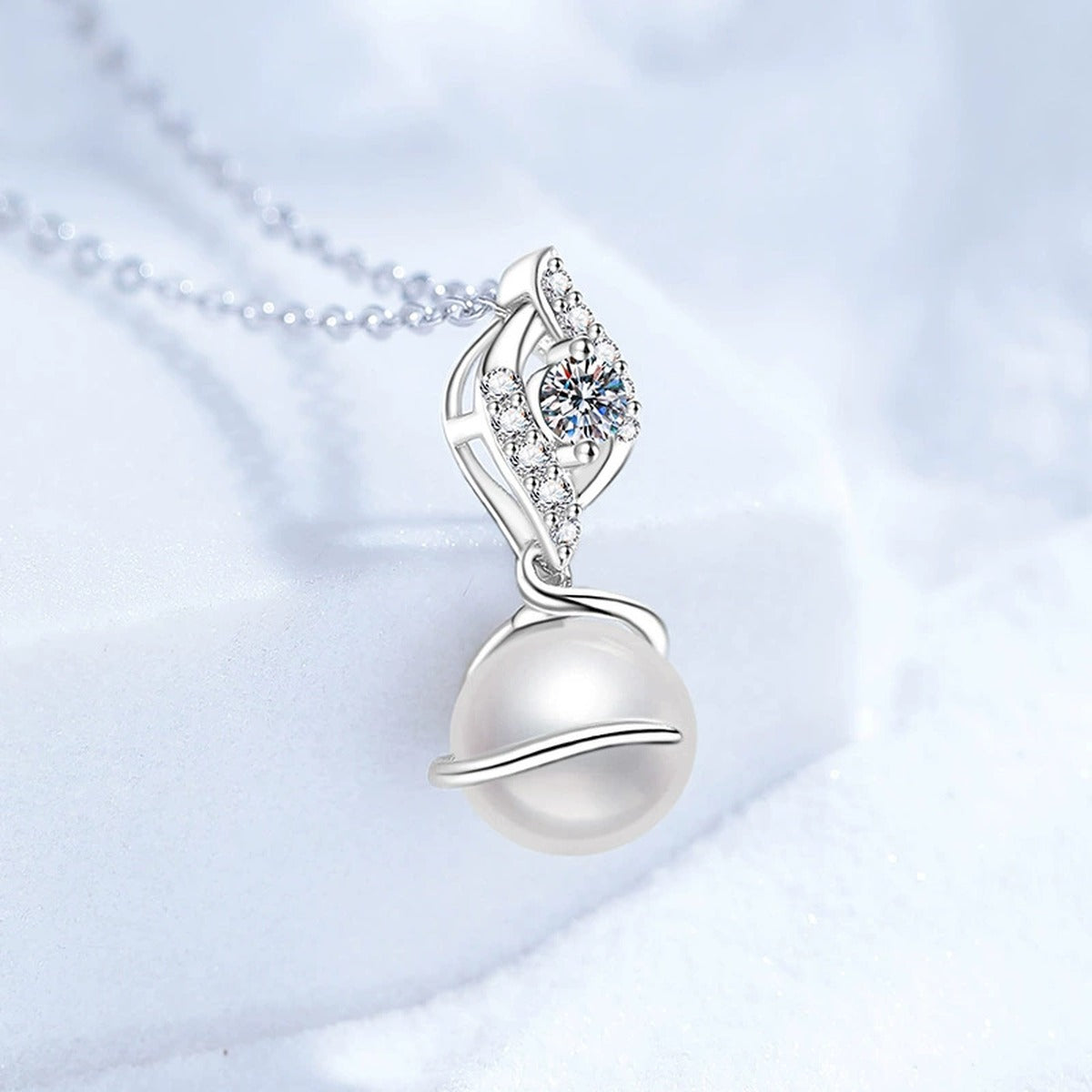 Swirl Moissanite Freshwater Pearl Pendant Necklace with Cubic Zirconia in White Gold-Plated S925 Sterling Silver close-up product detail view