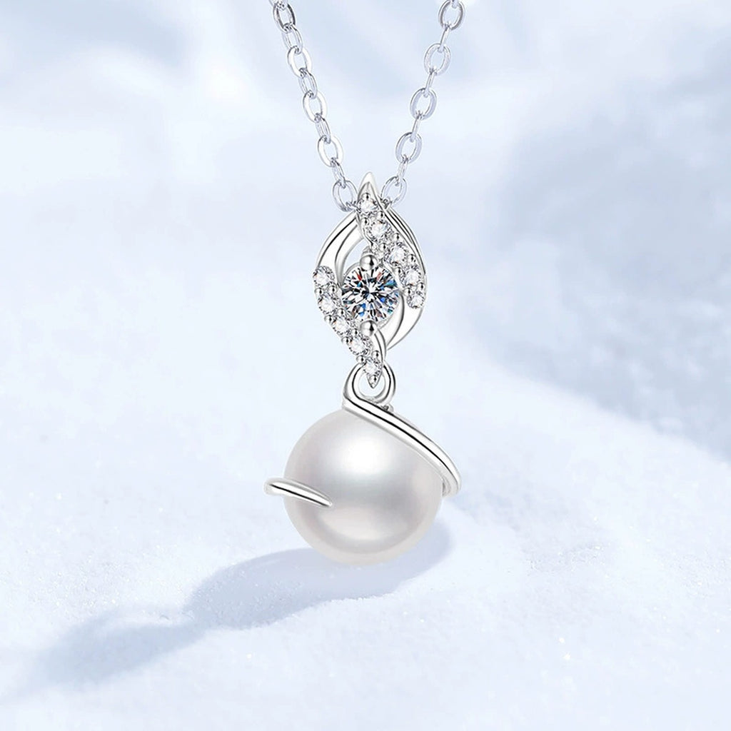 Swirl Moissanite Freshwater Pearl Pendant Necklace with Cubic Zirconia in White Gold-Plated S925 Sterling Silver close-up product detail view