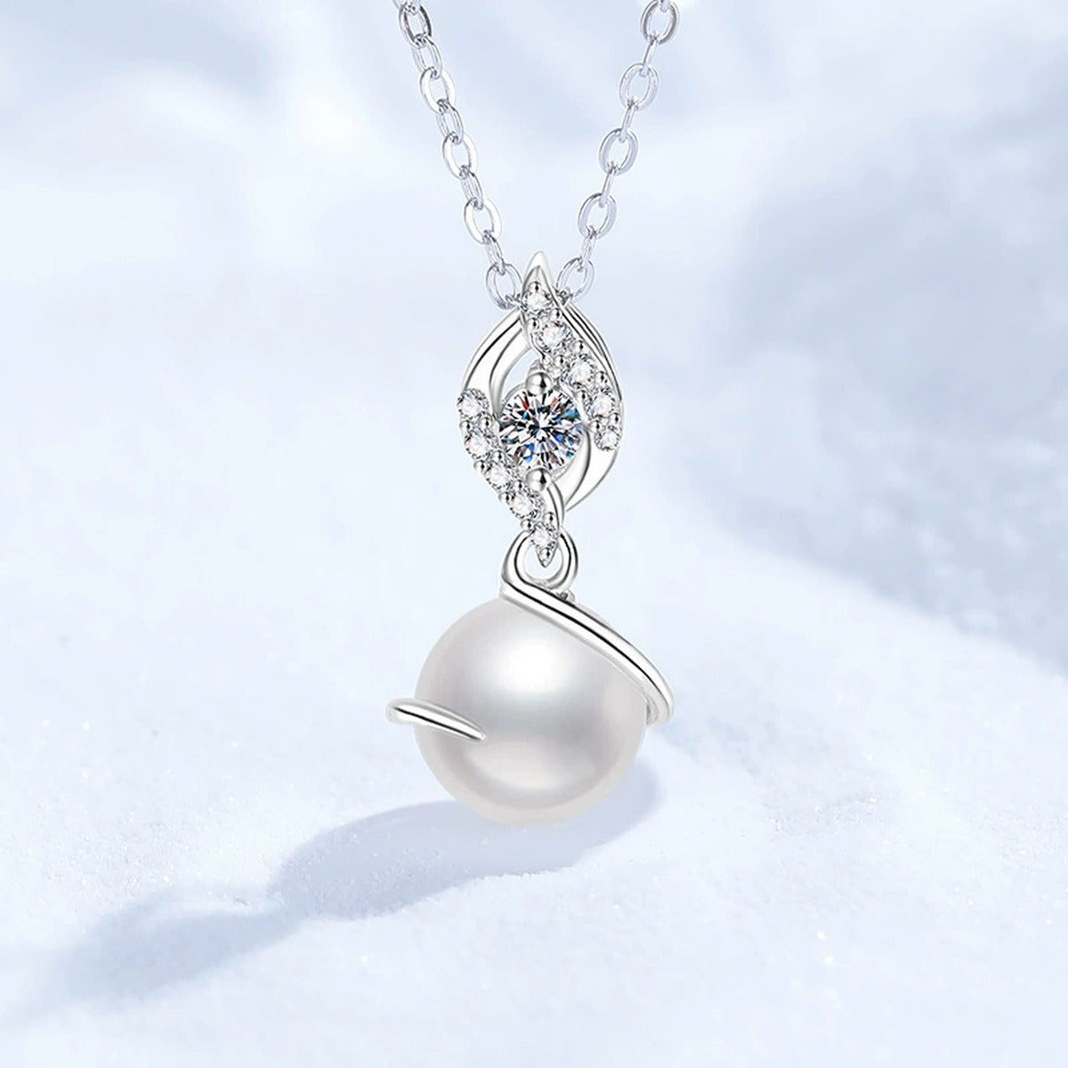 Swirl Moissanite Freshwater Pearl Pendant Necklace with Cubic Zirconia in White Gold-Plated S925 Sterling Silver close-up product detail view