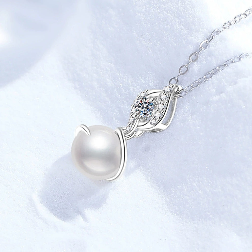 Swirl Moissanite Freshwater Pearl Pendant Necklace with Cubic Zirconia in White Gold-Plated S925 Sterling Silver close-up product detail view