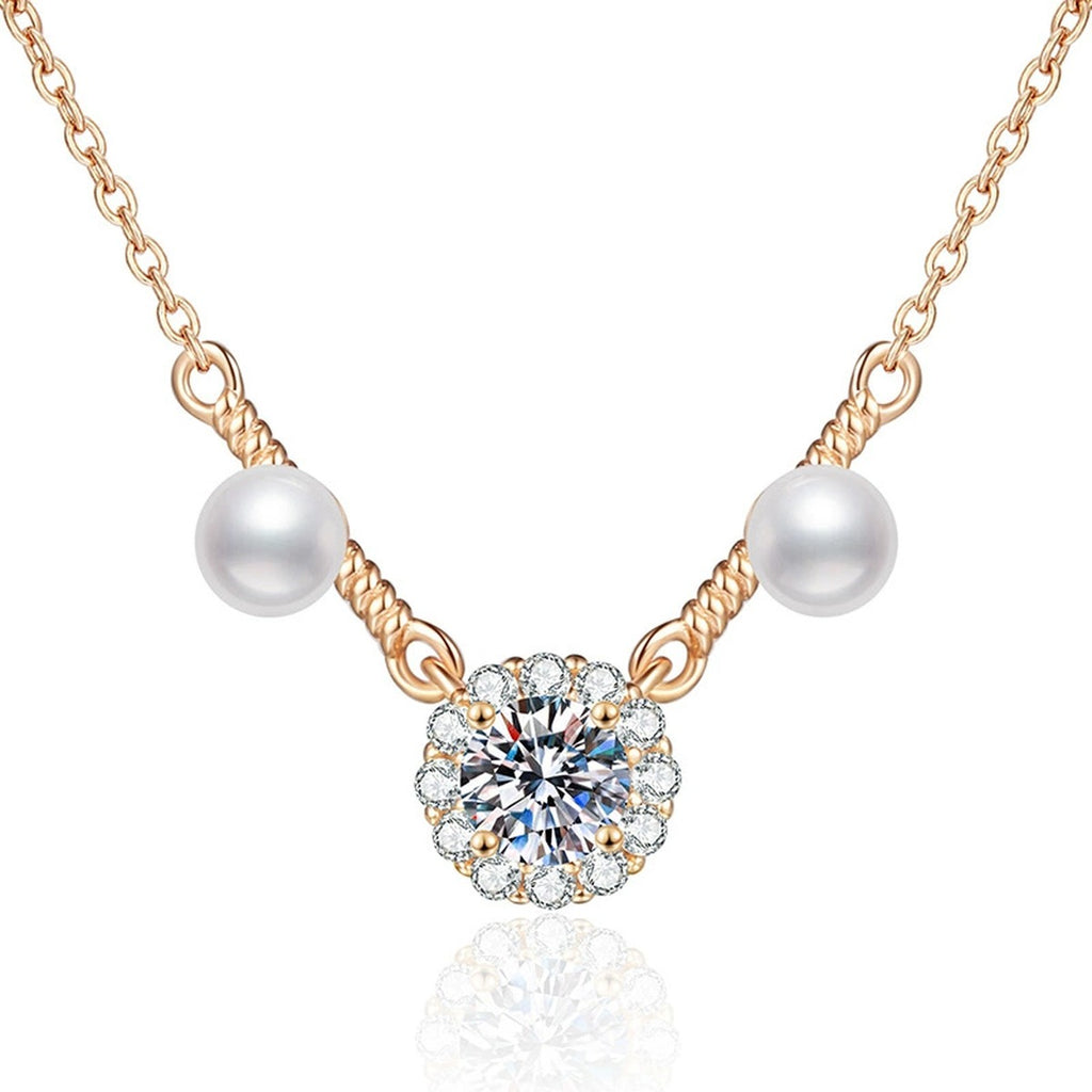 Dual Pearl Moissanite Station Necklace with Cubic Zirconia in Gold-Plated S925 Sterling Silver on clean white background showing the dual pearl station necklace with moissanite and cubic zirconia detail