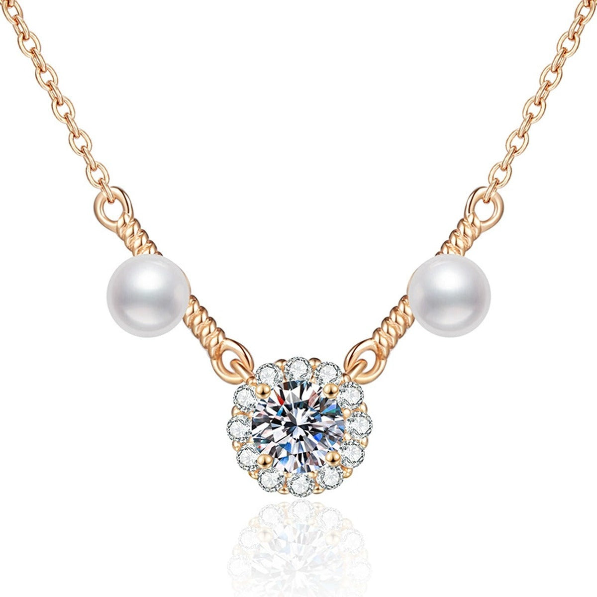 Dual Pearl Moissanite Station Necklace with Cubic Zirconia in Gold-Plated S925 Sterling Silver on clean white background showing the dual pearl station necklace with moissanite and cubic zirconia detail