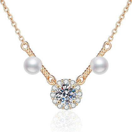 Dual Pearl Moissanite Station Necklace with Cubic Zirconia in Gold-Plated S925 Sterling Silver on clean white background showing the dual pearl station necklace with moissanite and cubic zirconia detail