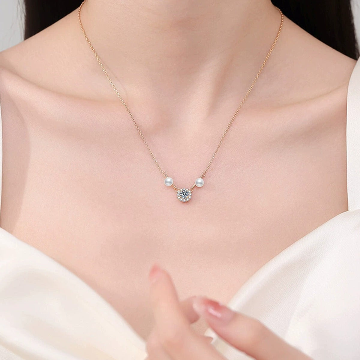 Dual Pearl Moissanite Station Necklace with Cubic Zirconia in Gold-Plated S925 Sterling Silver worn on neckline by model