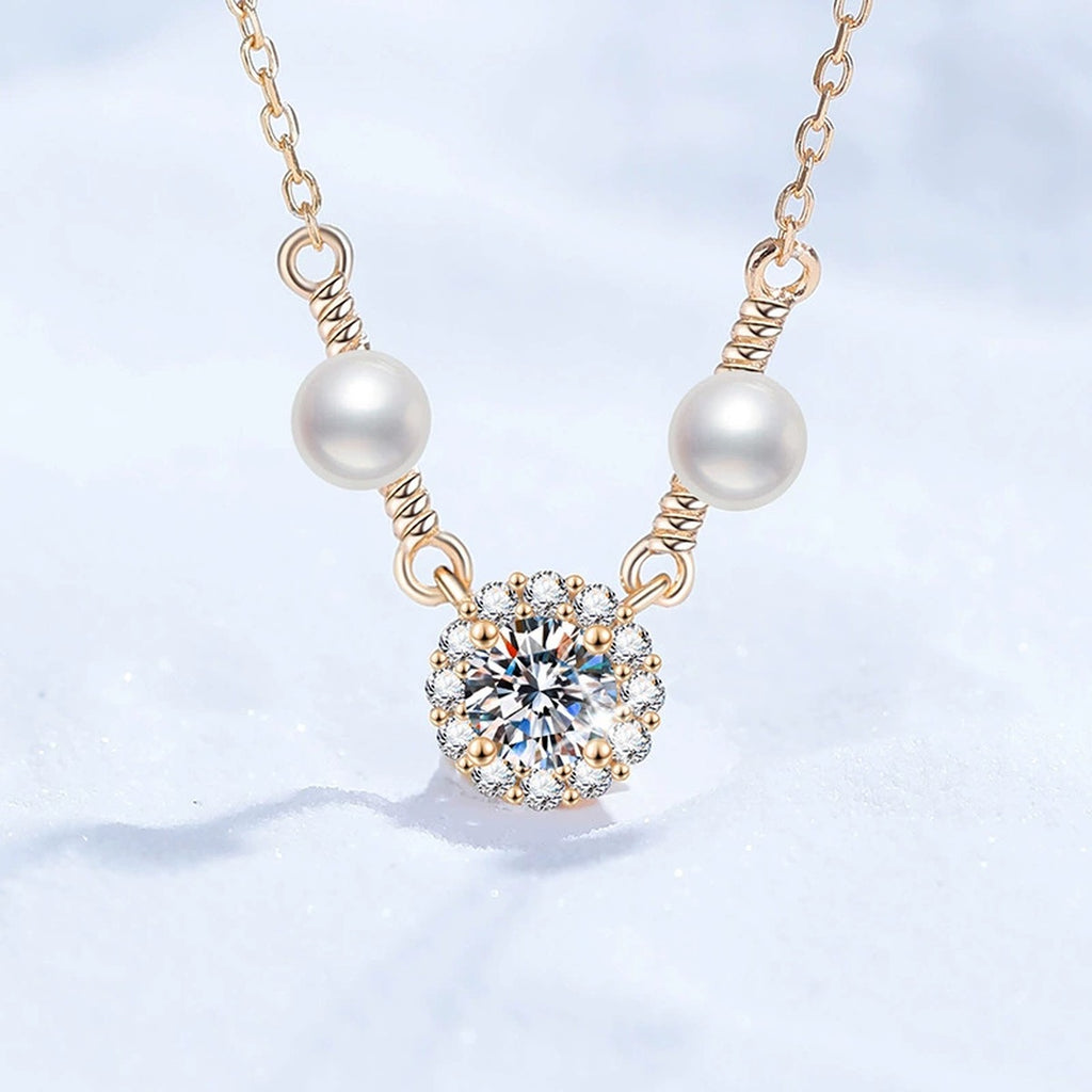 Dual Pearl Moissanite Station Necklace with Cubic Zirconia in Gold-Plated S925 Sterling Silver close-up product detail view