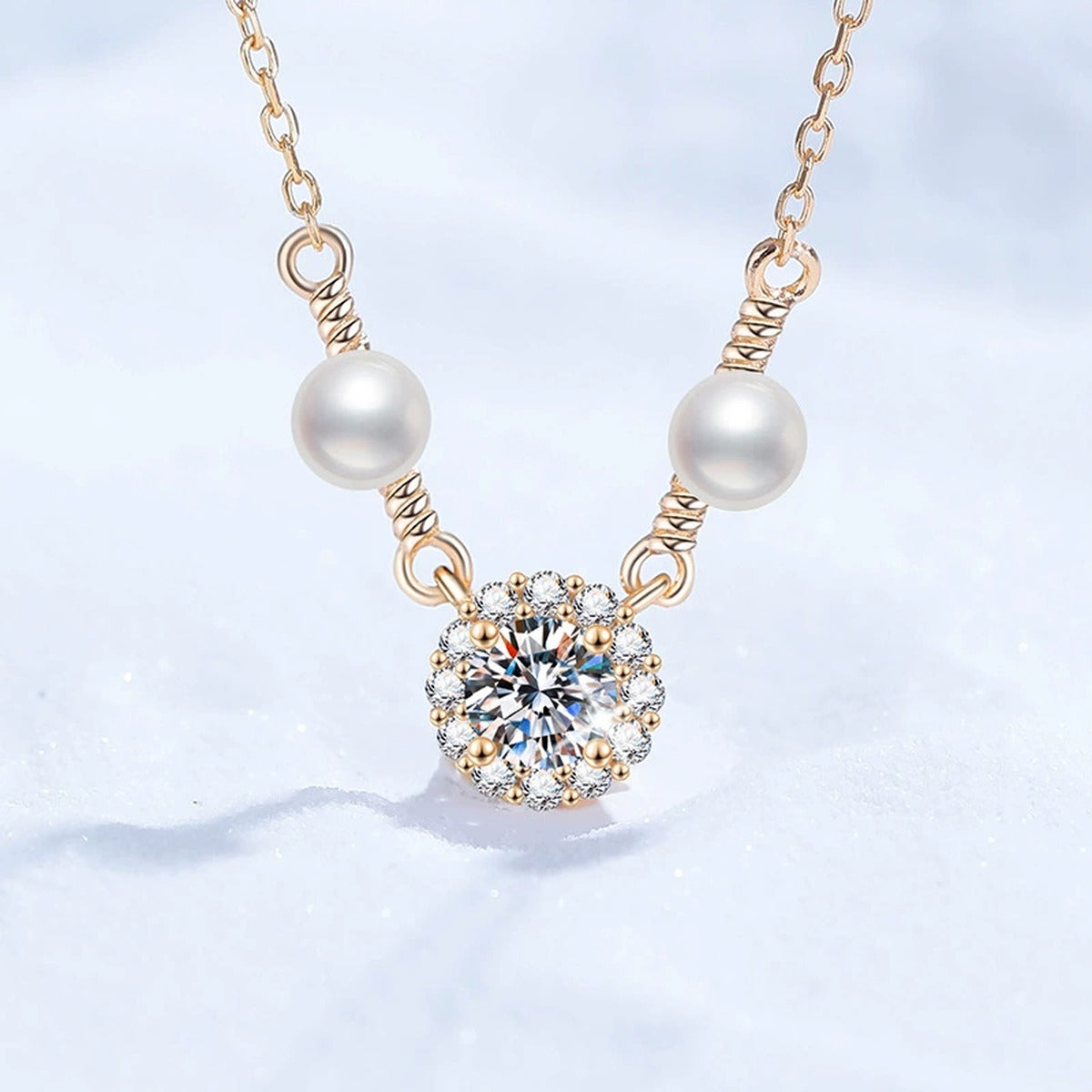 Dual Pearl Moissanite Station Necklace with Cubic Zirconia in Gold-Plated S925 Sterling Silver close-up product detail view
