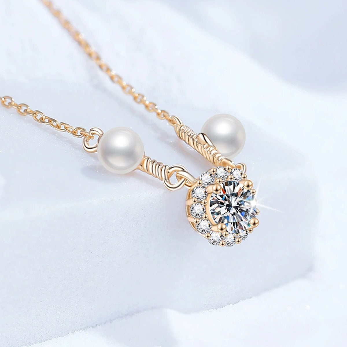 Dual Pearl Moissanite Station Necklace with Cubic Zirconia in Gold-Plated S925 Sterling Silver close-up product detail view