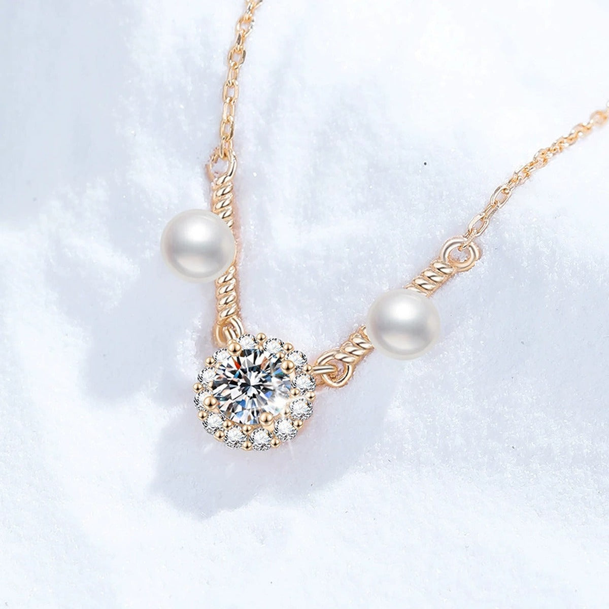 Dual Pearl Moissanite Station Necklace with Cubic Zirconia in Gold-Plated S925 Sterling Silver close-up product detail view