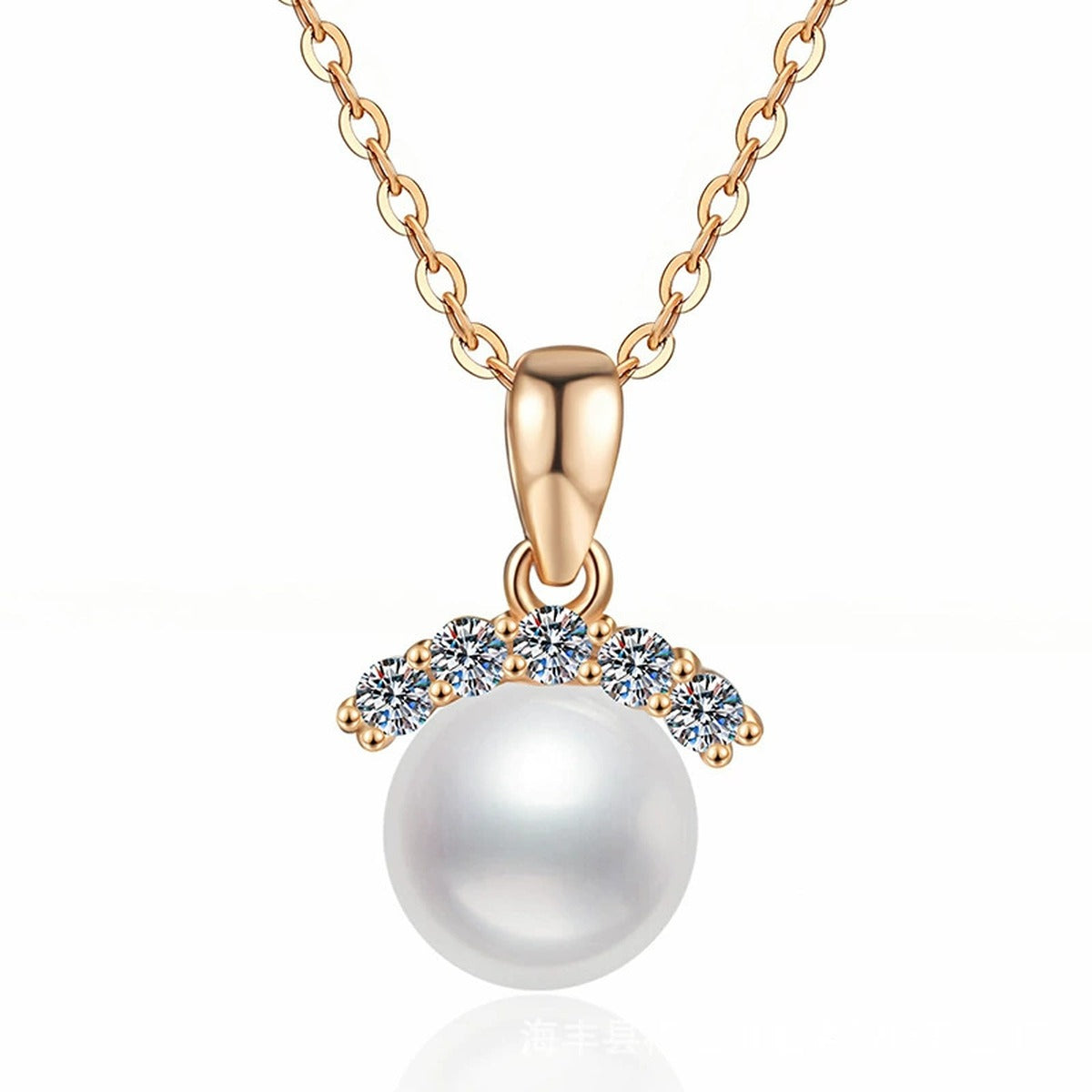 Pearl Moissanite Pendant Necklace in Champagne Gold-Plated S925 Sterling Silver on clean white background showing the champagne gold pearl pendant with moissanite detail