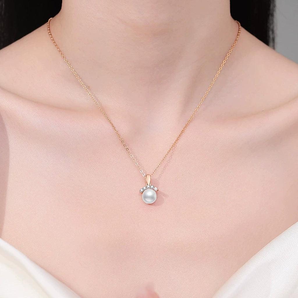 Pearl Moissanite Pendant Necklace in Champagne Gold-Plated S925 Sterling Silver worn on neckline by model