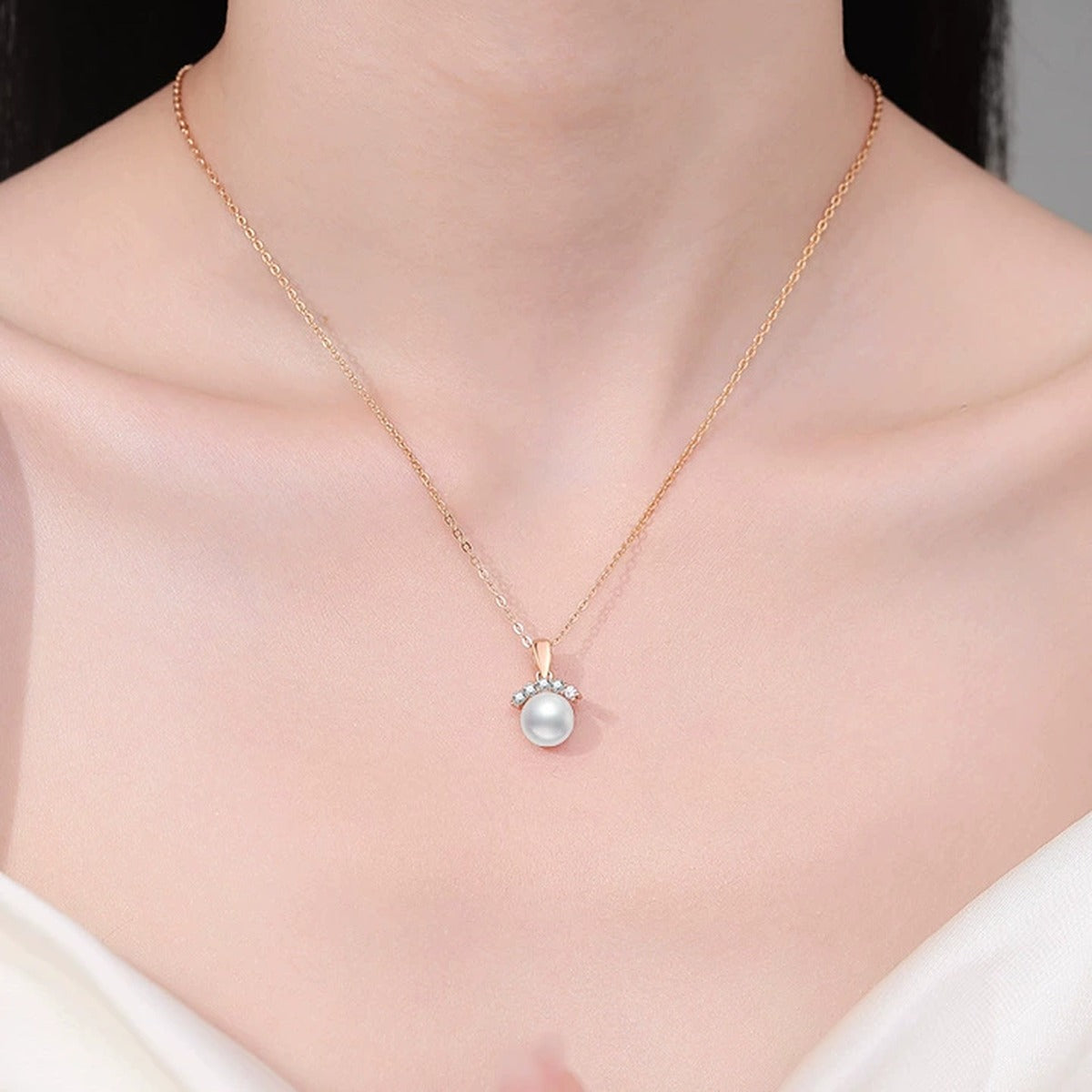 Pearl Moissanite Pendant Necklace in Champagne Gold-Plated S925 Sterling Silver worn on neckline by model