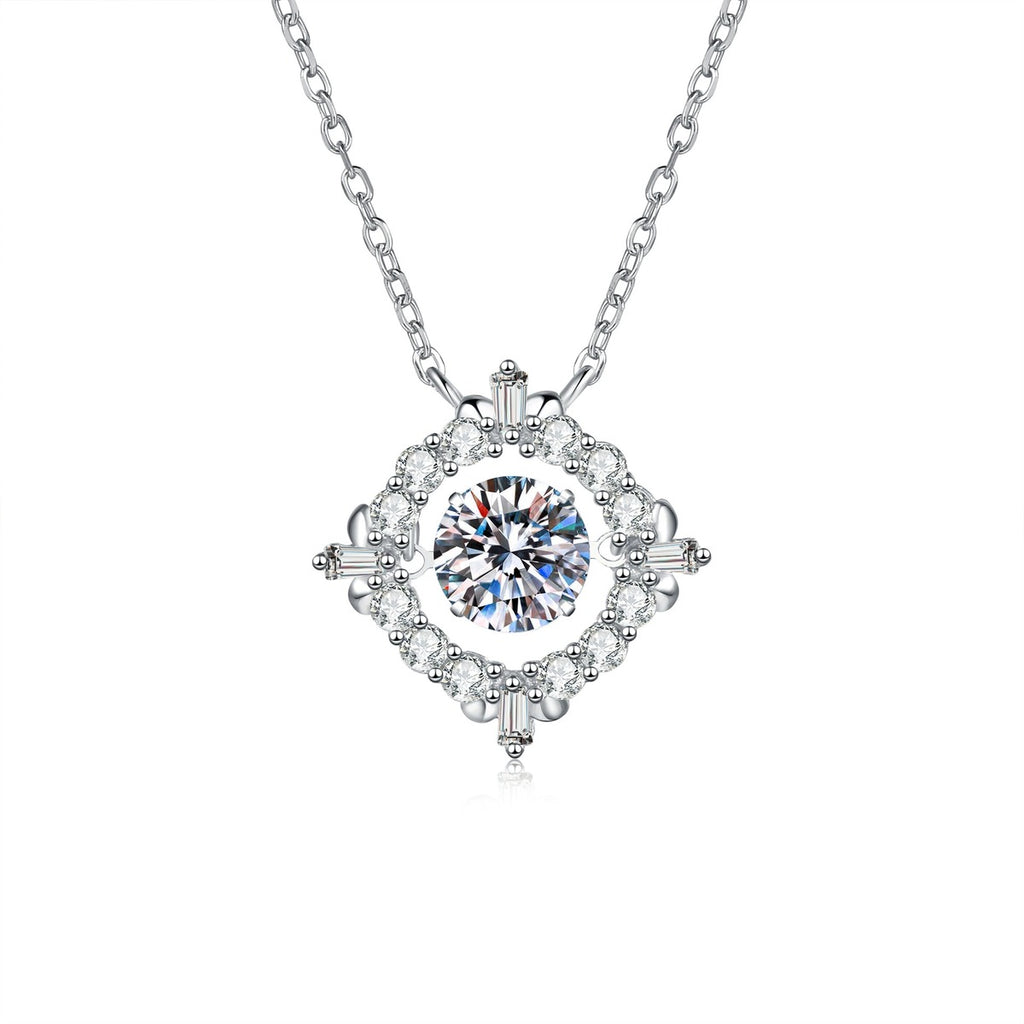 Round Halo Moissanite Pendant Necklace with Cubic Zirconia in Platinum-Plated S925 Sterling Silver on clean white background showing the round halo pendant with compass-like accents