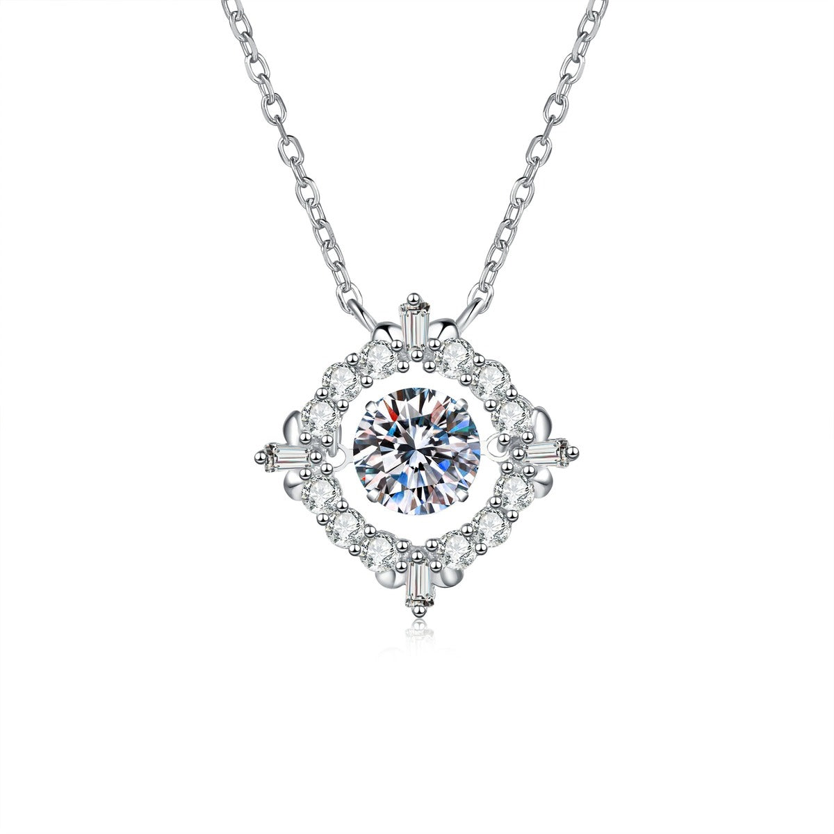 Round Halo Moissanite Pendant Necklace with Cubic Zirconia in Platinum-Plated S925 Sterling Silver on clean white background showing the round halo pendant with compass-like accents