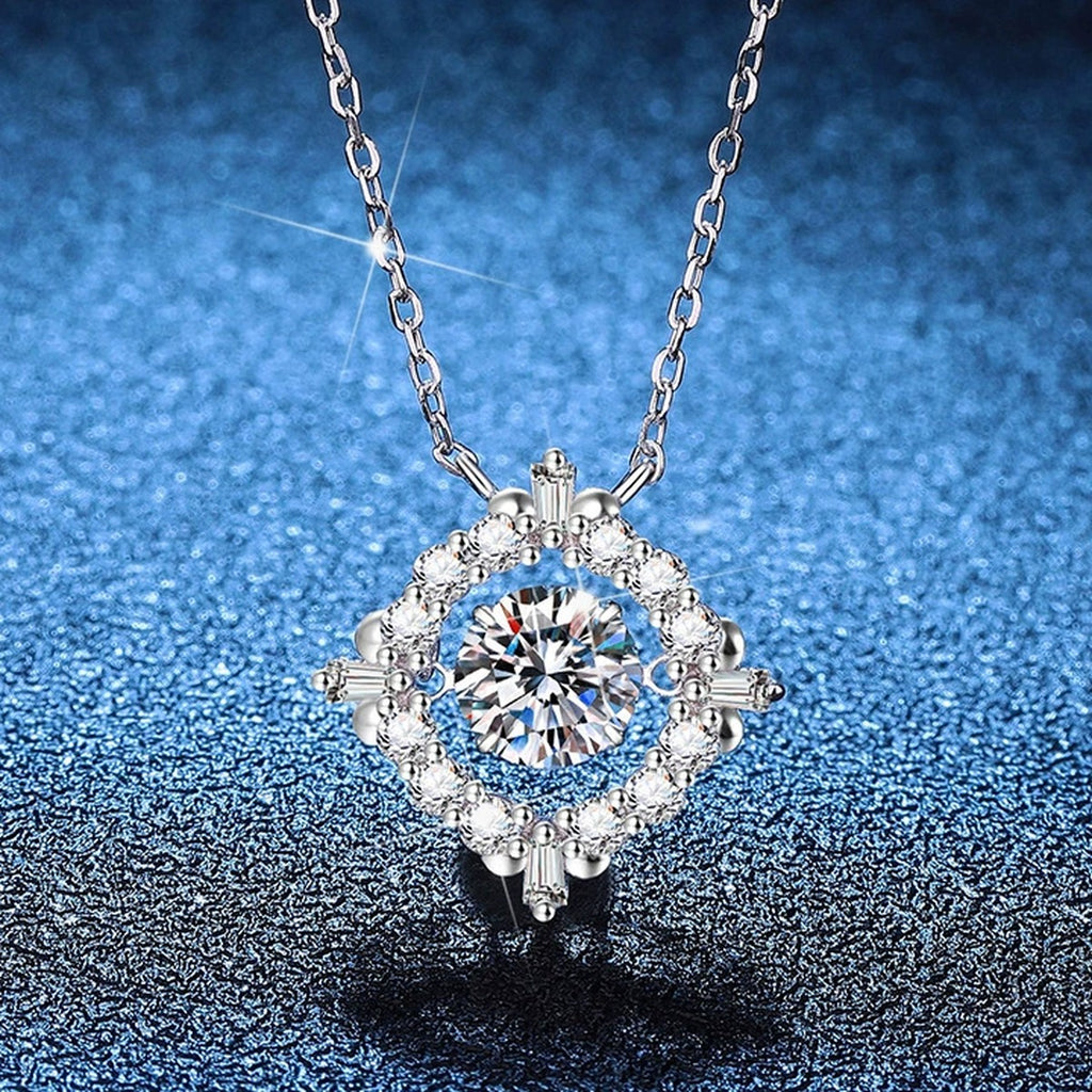 Round Halo Moissanite Pendant Necklace with Cubic Zirconia in Platinum-Plated S925 Sterling Silver blue background product view