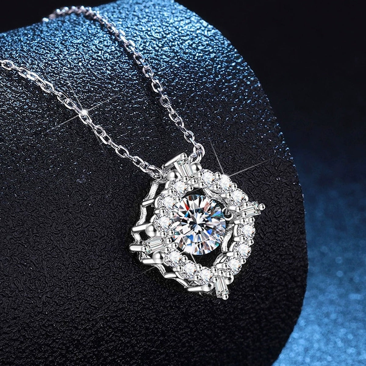 Round Halo Moissanite Pendant Necklace with Cubic Zirconia in Platinum-Plated S925 Sterling Silver dark background product display view