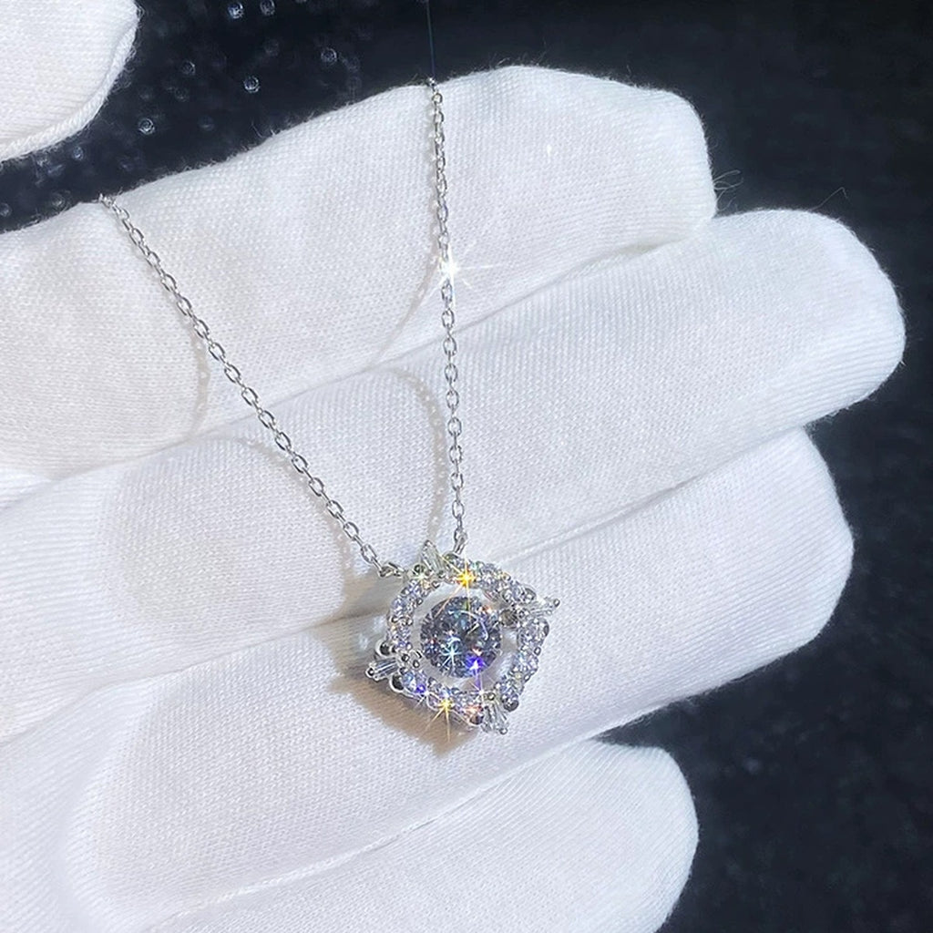 Round Halo Moissanite Pendant Necklace with Cubic Zirconia in Platinum-Plated S925 Sterling Silver close-up product detail view