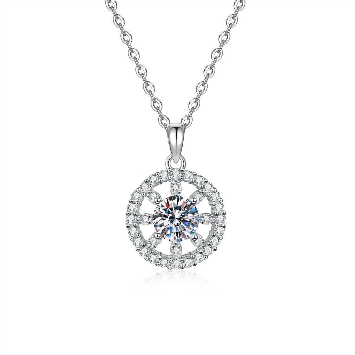 Open Circle Moissanite Pendant Necklace with Cubic Zirconia in Platinum-Plated S925 Sterling Silver on clean white background showing the open circle pendant with a round center stone
