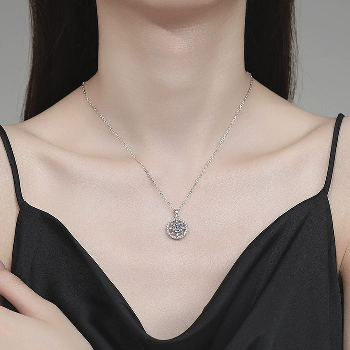 Open Circle Moissanite Pendant Necklace with Cubic Zirconia in Platinum-Plated S925 Sterling Silver worn on neckline by model