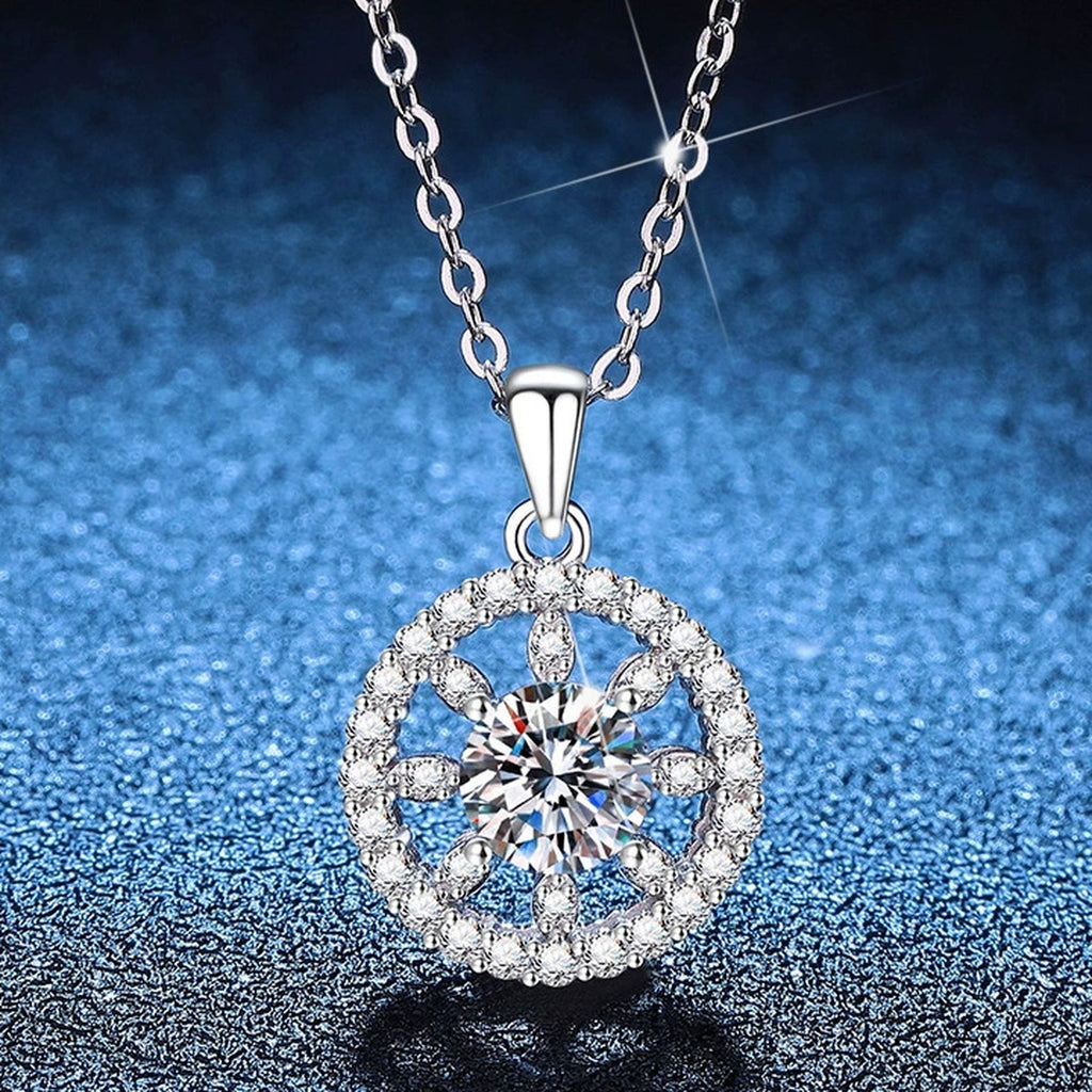 Open Circle Moissanite Pendant Necklace with Cubic Zirconia in Platinum-Plated S925 Sterling Silver blue background product view