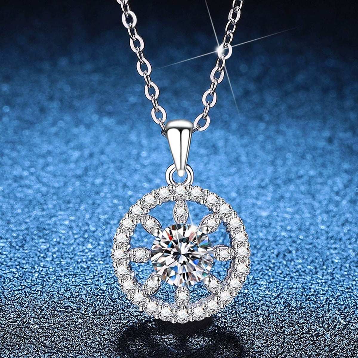 Open Circle Moissanite Pendant Necklace with Cubic Zirconia in Platinum-Plated S925 Sterling Silver blue background product view