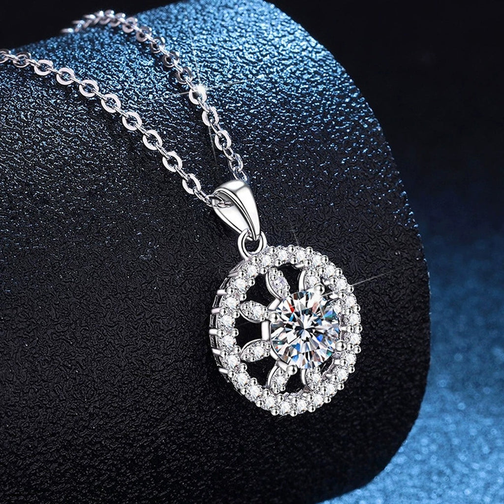 Open Circle Moissanite Pendant Necklace with Cubic Zirconia in Platinum-Plated S925 Sterling Silver dark background product display view