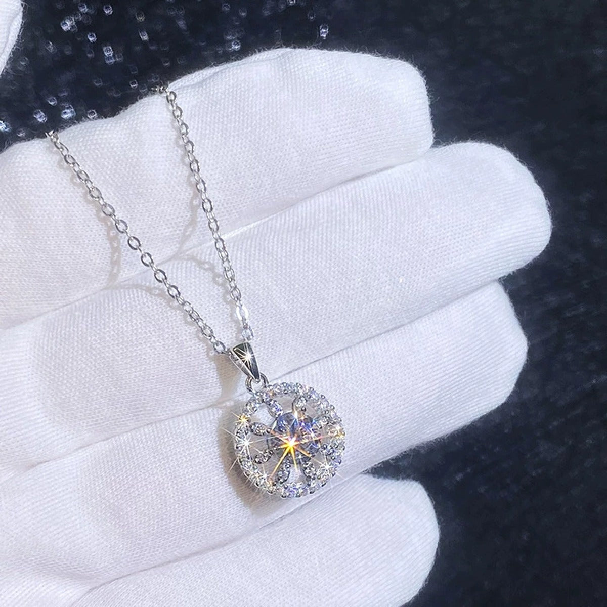 Open Circle Moissanite Pendant Necklace with Cubic Zirconia in Platinum-Plated S925 Sterling Silver close-up product detail view