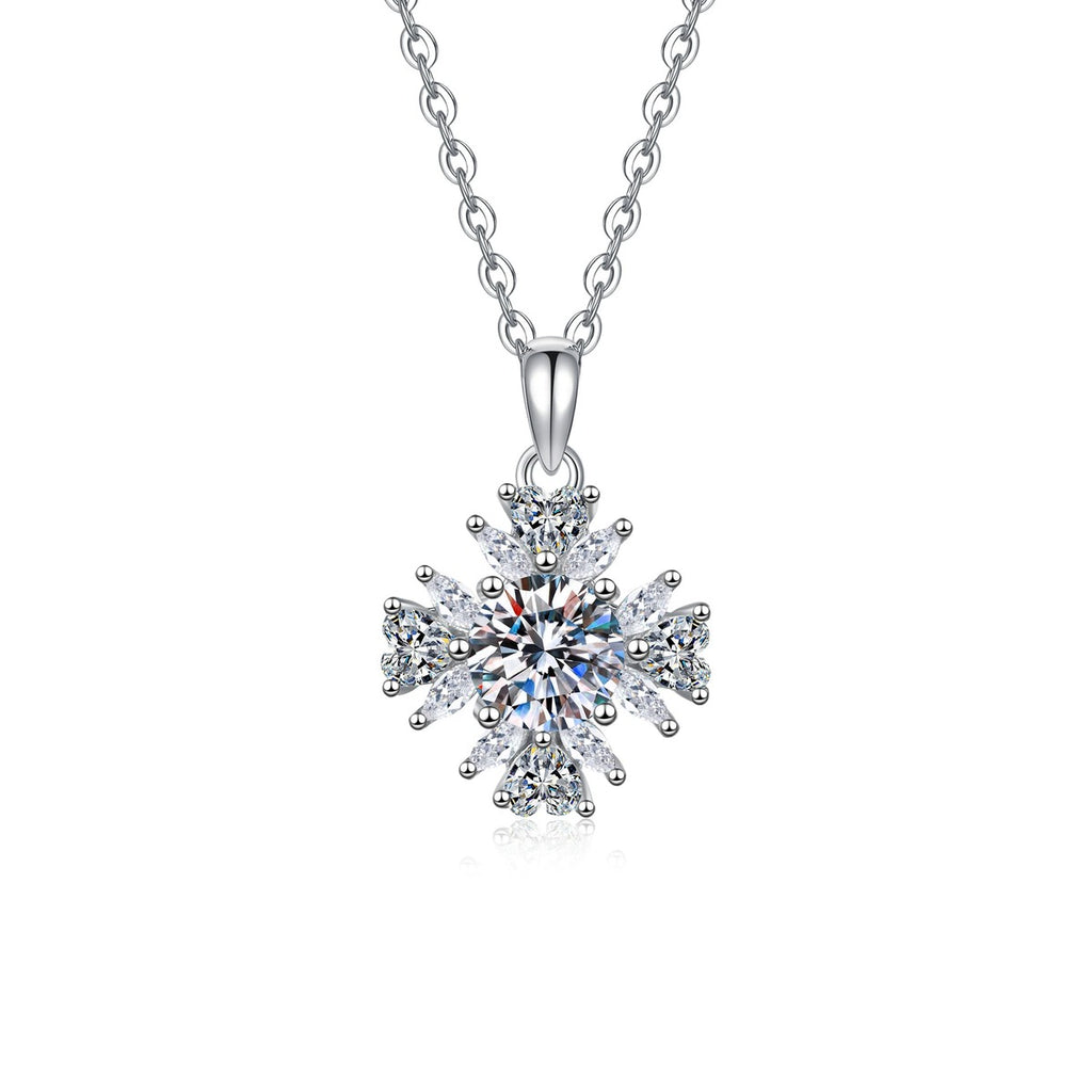 Snowflake Moissanite Pendant Necklace with Cubic Zirconia in Platinum-Plated S925 Sterling Silver on clean white background showing the snowflake-inspired pendant with a round center stone