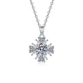 Snowflake Moissanite Pendant Necklace with Cubic Zirconia in Platinum-Plated S925 Sterling Silver on clean white background showing the snowflake-inspired pendant with a round center stone