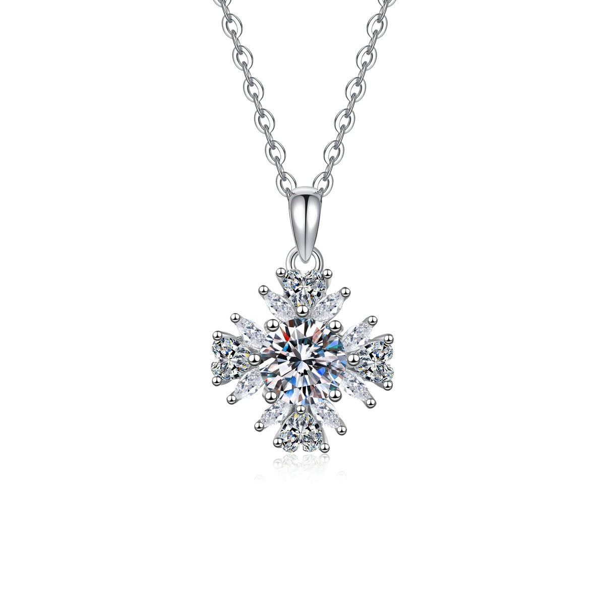 Snowflake Moissanite Pendant Necklace with Cubic Zirconia in Platinum-Plated S925 Sterling Silver on clean white background showing the snowflake-inspired pendant with a round center stone