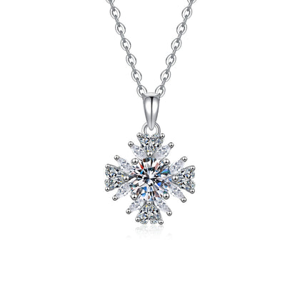 Snowflake Moissanite Pendant Necklace with Cubic Zirconia in Platinum-Plated S925 Sterling Silver on clean white background showing the snowflake-inspired pendant with a round center stone
